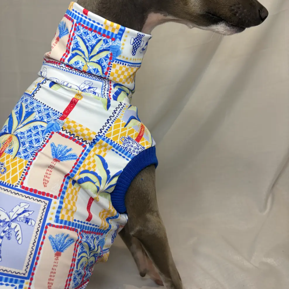 Kevin modelling Paradise Palms SPF50+ swimmers - close up of hem and pattern